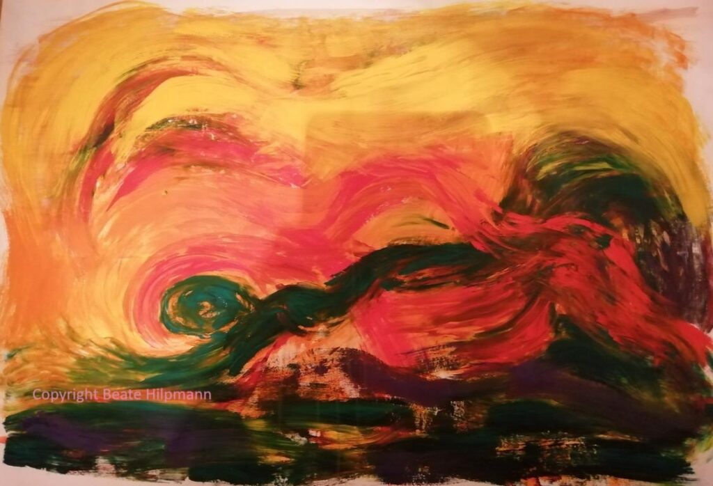 Imaginäre Seelenlandschaft oder auch Landschaft. Hauptfarbe ist ein kräftiges Gelb. Es liegt sehr viel Dynamik im Bild