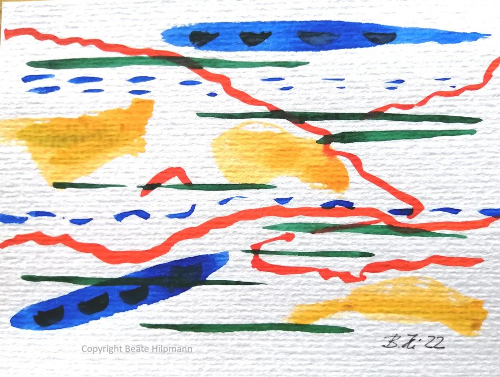 Abstraktes Aquarell, bestehend aus hauptsächlich waagerechten Linien, versetzt mit gelben und blauen Farbflächen