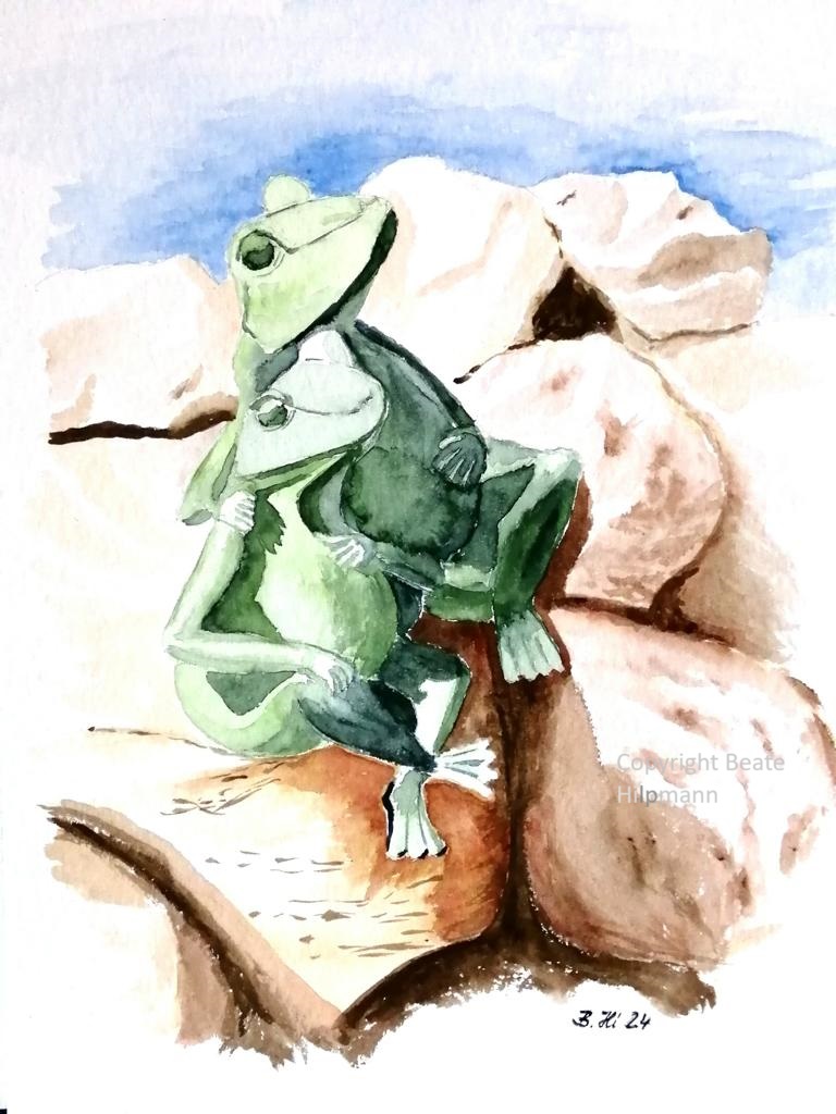 Ein Froschpaar sonnt sich auf ein paar Steinen. Sie sitzen aneinander gelehnt und sehen sehr glücklich aus.