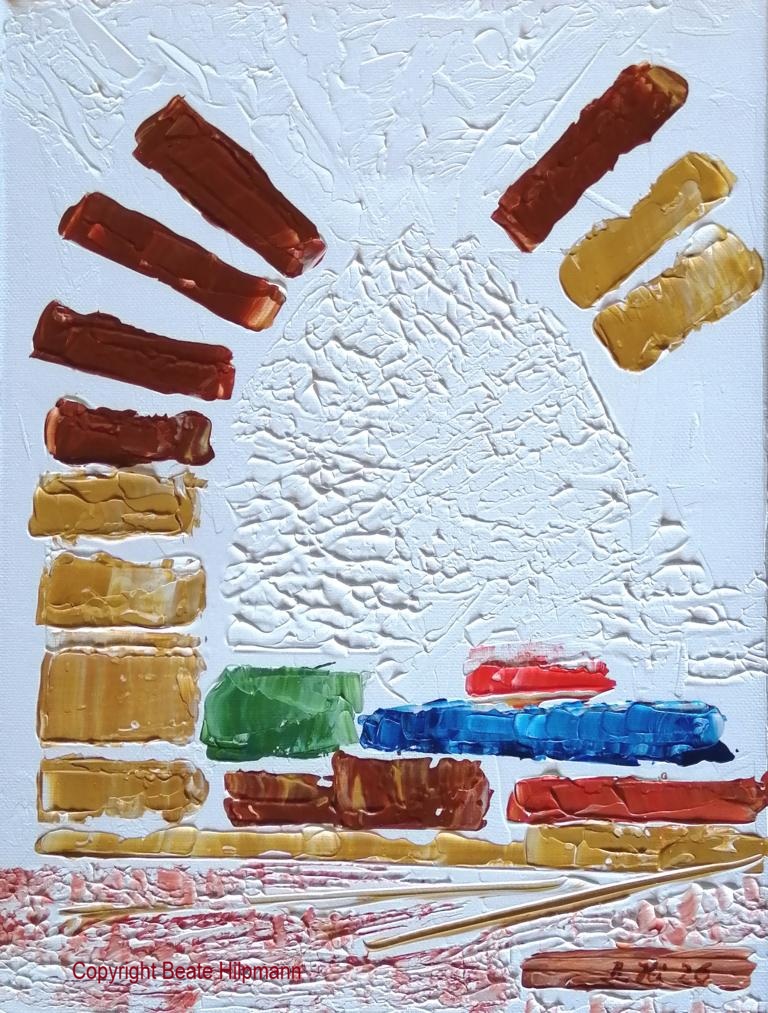 Die Bildkomposition erinnert an eine Öffnung für ein Fenster. Flächen in Gelb- und Brauntönen. Akzente in Rot, Blau und Grün.